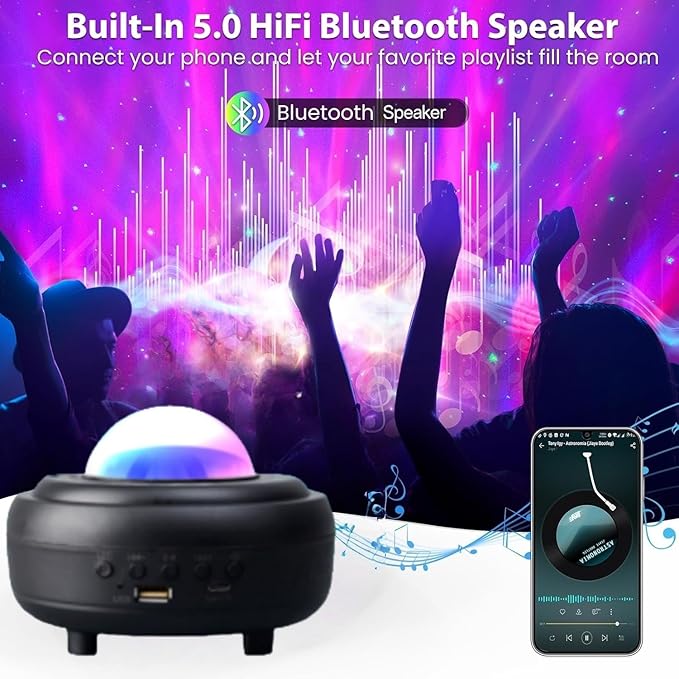 Galaxy Projector Night Light with Bluetooth Speaker, Starry Star Projection Light with Ocean Wave for Bedroom, Northern Lights Projector with Moon, Ambient Lighting for Room Party Xmas