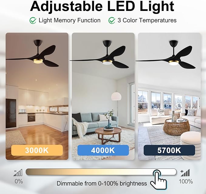 reiga 52 Inch Black Modern Ceiling Fans with Lights and Remote Control, Smart WiFi 3 Blades Quiet DC Motor for Living Room Bedroom Patio Garage, ETL Listed - Aura Lighting