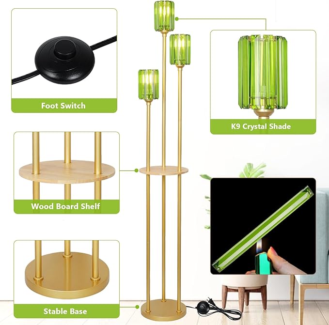 HMVPL Gold Floor Lamp for Living Room, Vintage Floor Lamp with Wood Shelf, Mid Century Standing Lamp with Table, Modern Tall Lamp with Green Crystal Shade, On/Off Switch, Boho Corner Lamp for Bedroom - Aura Lighting