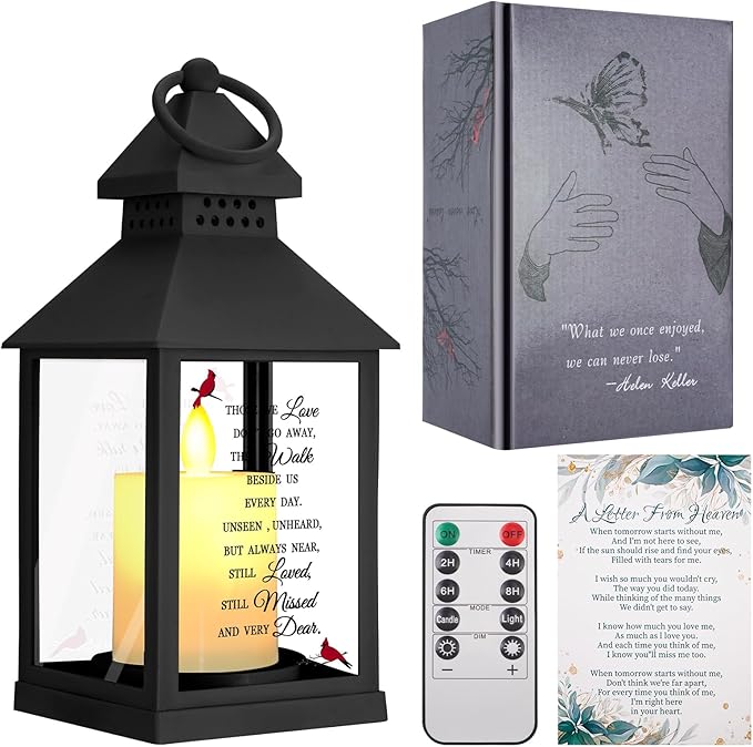 Sympathy Gifts for Loss of Loved One, Memorial Gift Lantern with Card, Bereavement Gift Candle Lights, Memory Lamp with Remote for Funeral Remembrance or Condolences (Black)