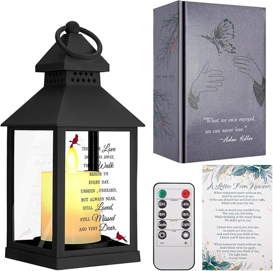 Sympathy Gifts for Loss of Loved One, Memorial Gift Lantern with Card, Bereavement Gift Candle Lights, Memory Lamp with Remote for Funeral Remembrance or Condolences (Black)