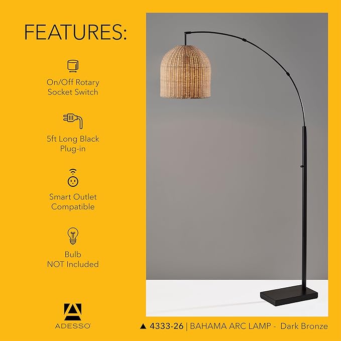 Adesso Bronze Arc Floor Lamp with a Rattan Shade – Modern, Coastal Overhead Accent Light for Bedroom, Living Room, or Home Office, 80” Tall