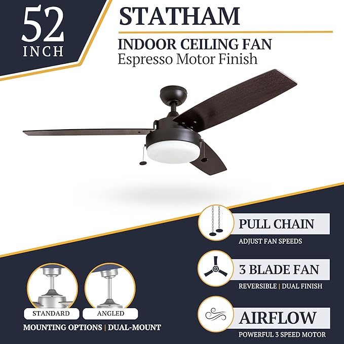 Prominence Home Statham, 52 Inch Contemporary Indoor LED Ceiling Fan with Light, Pull Chain, Dual Mounting Options, Modern Dual Finish Blades, Reversible Motor - 51018-01 (Espresso)
