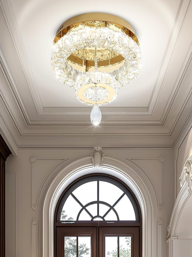 Flashing God Dia 12" Mini Chandelier Modern Crystal Chandeliers for Hallway Gold Flush Mount Ceiling Light Modern Chandeliers Lighting for Bedroom Staircase Kitchen