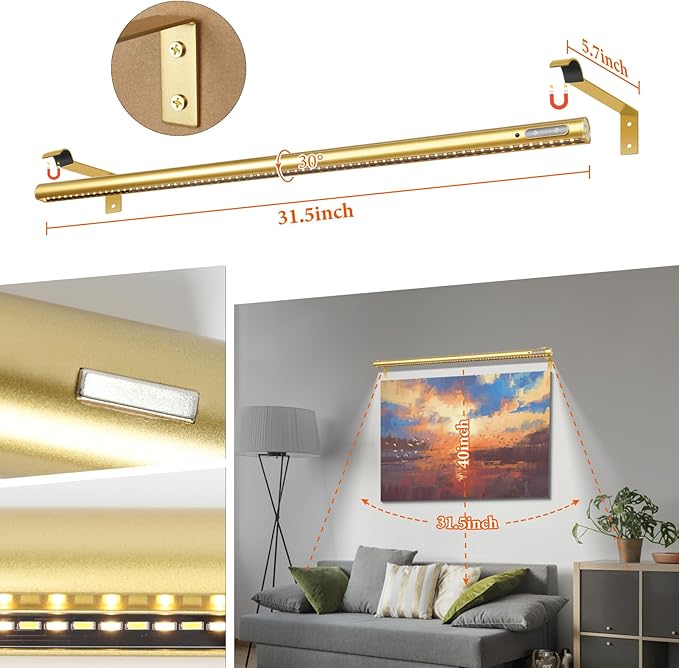 Wireless Picture Light, Battery Operated LED Painting Lights with Remote Control, Dimmable, Timer for Art Frame (Gold-31.5inch)