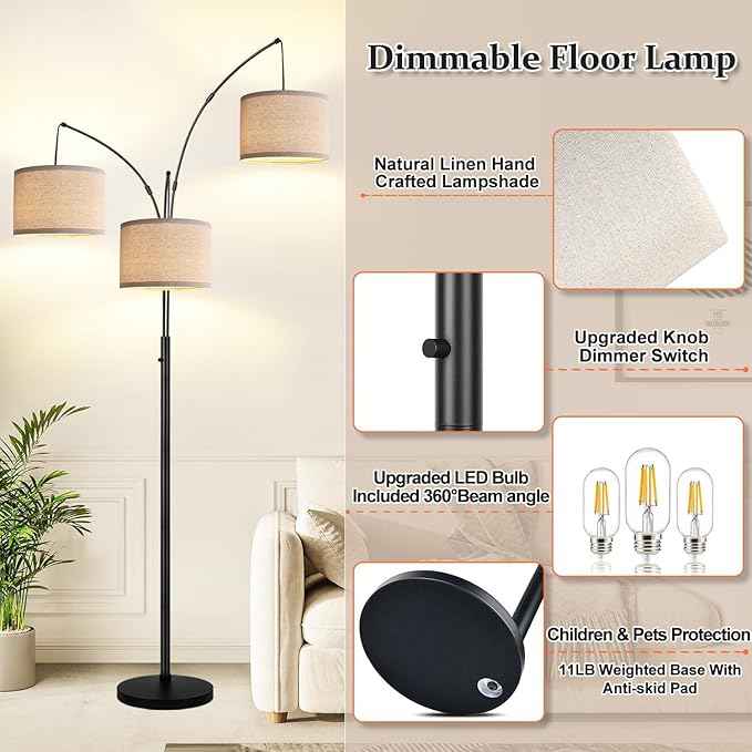 Dimmable Floor Lamp, 3 Lights Black Arc Floor Lamps for Living Room, Modern Tall Standing Tree Lamp with Linen Shade & Heavy Base, Large Floor Lamp for Bedroom Office, 3x1000 LM LED Bulbs Included