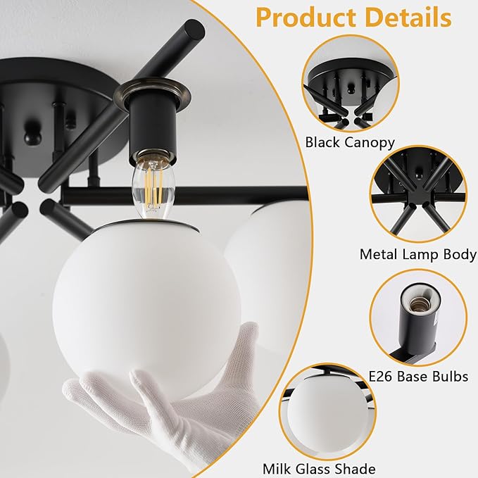Sputnik Semi Flush Mount Ceiling Light, 6 Globe Lights Sputnik Ceiling Light Fixture, Milk Glass Globe Chandelier for Dining Room, Black Mid Century Modern Chandelier for Living Room, Hallway