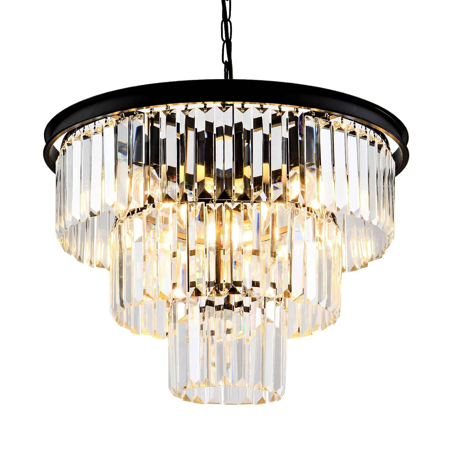 8 Light Modern Crystal Chandelier 20'' Black Chandeliers for Dining Room Contemporary Pendant Light Fixture Round 3-Tier Adjustable Height E12 for Living Room, Foyer, Entryway, Bedroom