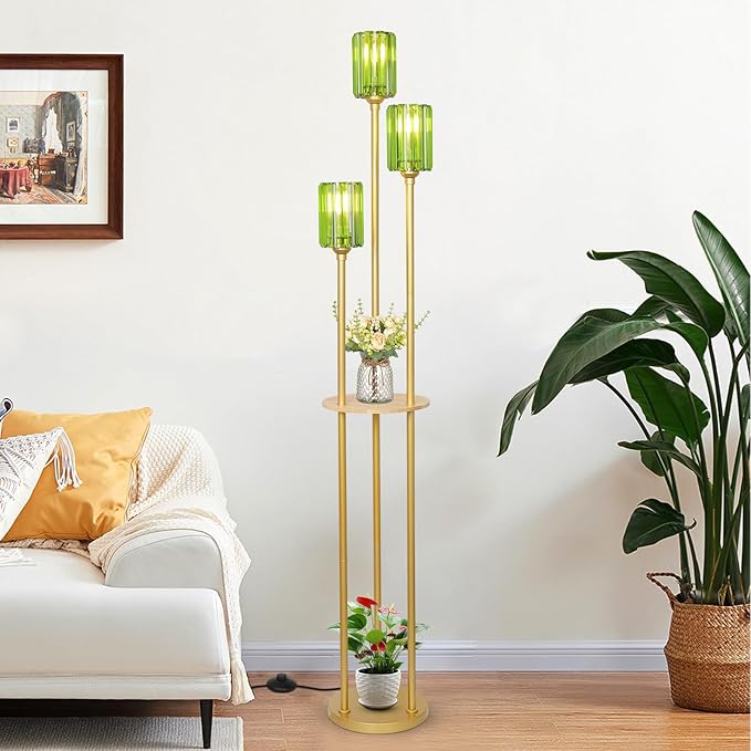 HMVPL Gold Floor Lamp for Living Room, Vintage Floor Lamp with Wood Shelf, Mid Century Standing Lamp with Table, Modern Tall Lamp with Green Crystal Shade, On/Off Switch, Boho Corner Lamp for Bedroom - Aura Lighting