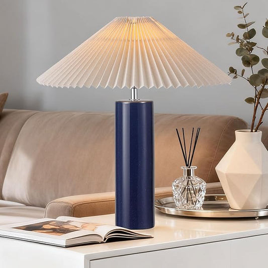 Ceramic Table Lamps for Bedroom, Adjustable Shade Lamps for Night Stands, Modern Cylindrical Nightstand Table Lamps 5W E26 for Bedroom Bedside Buffet, Blue