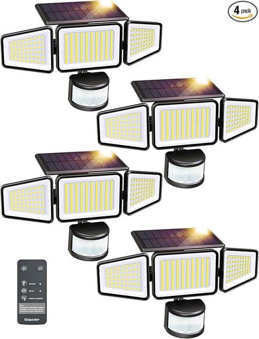 Ensenior Solar Motion Lights Outdoor, 228 LED Solar Security Lights with Remote Control, IP65 Waterproof 3 Heads Flood Light with 4 Modes, 270° Wide Angle Motion Sensor Light Outside - 4 Packs