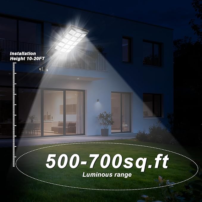 Jercoda 1 Pack Solar Street Lights Outdoor, 50000LM 6500K LED Flood Light Motion Sensor & Dusk to Dawn Security Lights with Remote Control, Waterproof Solar Powered Lighting for Garden Yard Parking