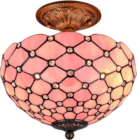 Pearls Style Tiffany Ceiling Light Fixture Stained Glass Semi Flush Mount Lamp Wide 12 Inch Height 11 Inch Vintage Inspired Statement for Bedroom Hallway Entryway (Pink)