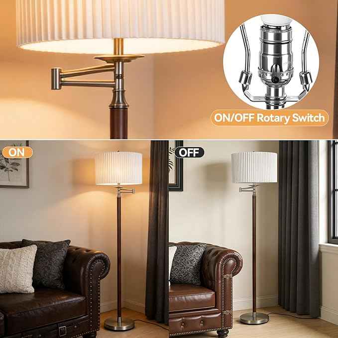 Traditional 350° Adjustable Swing Arm Farmhouse Floor Lamp for Bedroom, Modern Floor Lamps with Pleated Shade for Living Room, Rustic Standing Lamp Pole Lamps for Reading and Office