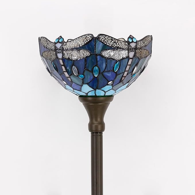 Tiffany Torchiere Floor Lamp Stained Glass Blue Dragonfly Style Standing Corner Torch Uplight 12X12X72 Inch for Bedroom Living Room Home Office