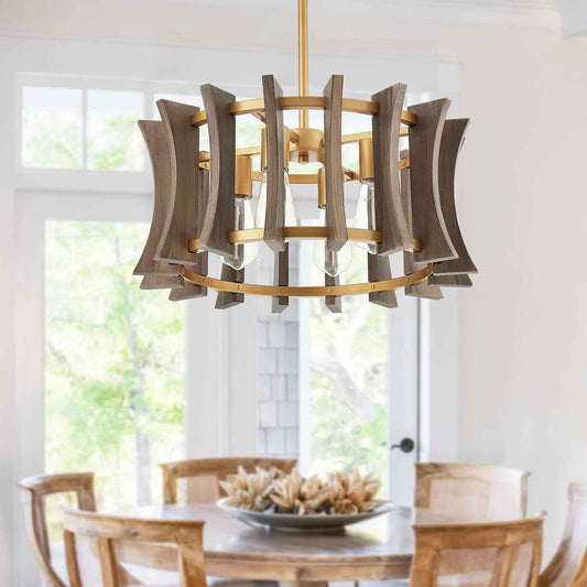 Industrial Wood Chandelier, with Antique Brass Brush Paint Finish Shade Pendant Lighting Fixture for Dining Room Kitchen Island Living Room Bedroom 4-Light