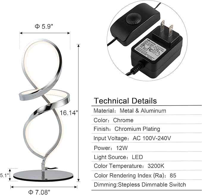 Mayful Modern Table Lamp with LED Spiral Design, Bedside Lamp with Stepless Dimming Switch, Contemporary Nightstand & Chrome Table Lamp for Bedroom, Living Room, Home Office, 12W 3200K Warm White