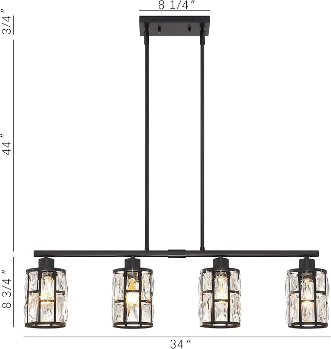 MEXO Crystal Pendant Light Fixture for Kitchen Island Dining Room, Farmhouse Chandelier Matte Black Close to Ceiling Lightings Over Table