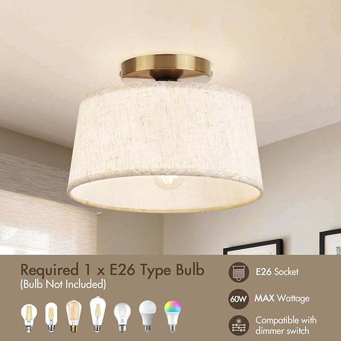 2P Modern Ceiling Light Fixture, 10 Inch Semi Flush Mount Lamp with Linen Shade, E26 Base, Gold for Kitchen Bedroom Hallway Closet Entryway Room Small Spaces, 2 Pack - Aura Lighting