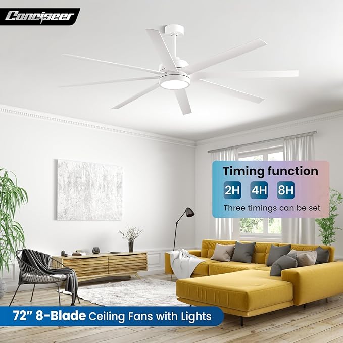 Modern Ceiling Fans with Lights, 72 Inch Ceiling Fan with Remote for Bedroom Living Room Kitchen Library Cafe Outdoor/Industrial Use,24W 3CCT 8 Blades 6 Speed Reversible Quiet DC Motor, White