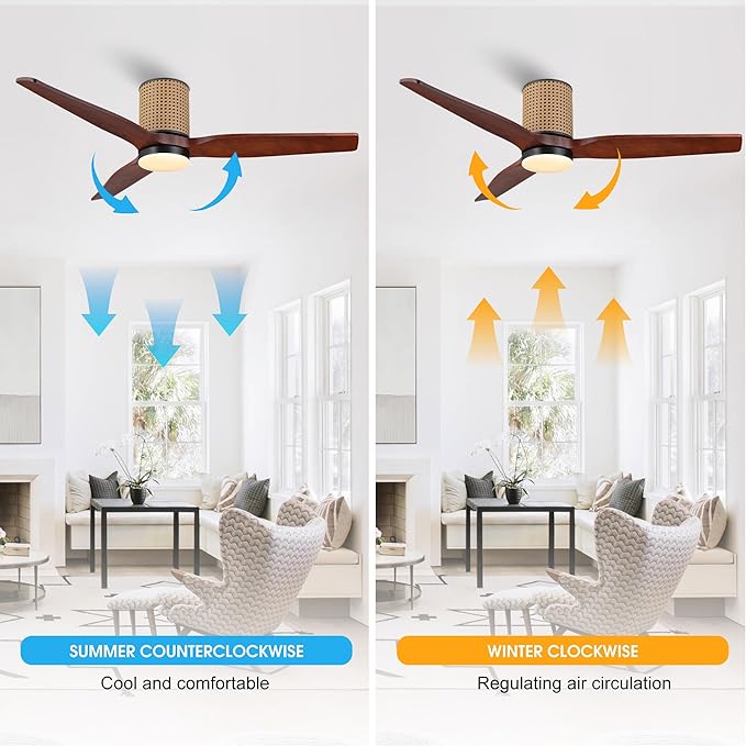 52" Ceiling Fan with Light - Low Profile Flush Mount Ceiling Fan, 6-Speed Remote Control, Solid Wood, Quiet Reversible DC Motor,Walnut/Black Finish, for Bedroom, Living Room, Porch - Aura Lighting