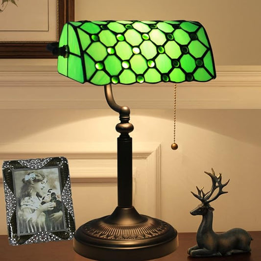 Green Banker Lamp,Tiffany Lamp,Stained Glass Lamp,Vintage Office Desk Lamp,Crystal Beads Lamp,Bedroom Bedside Reading Piano Study Lamp,Alloy Base,Birthday Gift,10X15in,C