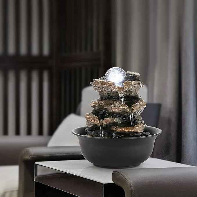WICHEMI Tabletop Fountain Warer Fountains Indoor Waterfall Fountain Indoor Relaxing Water Feature Meditation Fountains with LED Light for Home Office Bedroom Decor (Style 5)