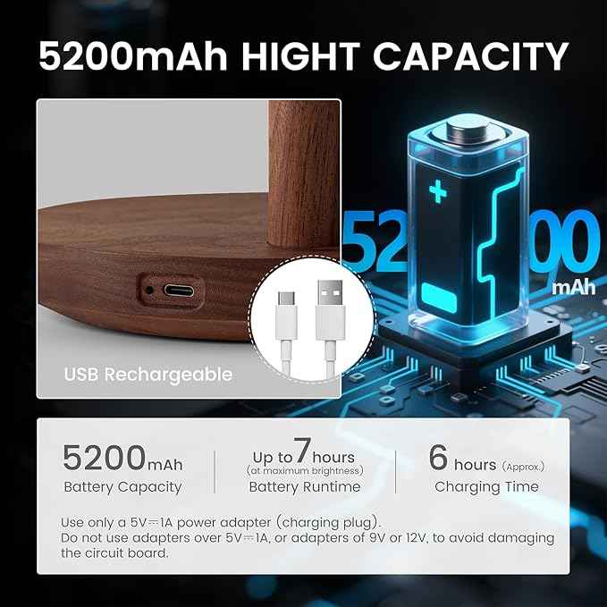 Cordless Table Lamp, Rechargeable Wooden Table Lamp with Touch Control & Adjustable Brightness, Cordless Decorative Bedside Lamp for Bedroom, Home Decor & Unique Gifts, Black Walnut