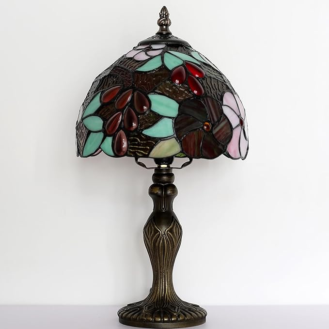 Tiffany Style Lamp Stained Glass Table Lamp 8 x 14.5 Mini Accent Light Grape Design Small Decorative Bedside Reading Memory Lamp