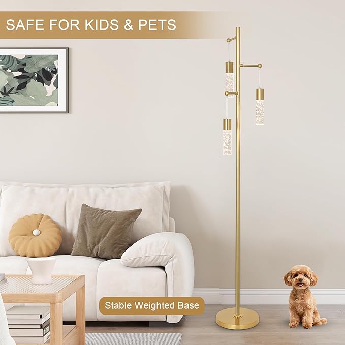 Gold Floor Lamps for Living Room, Modern Brass Standing Lamp with Bubble Crystal Shades, 3 Built-in LED Lights, ON/Off Foot Switch, Industrial Tall Tree Lamp for Bedroom Corner Home Office