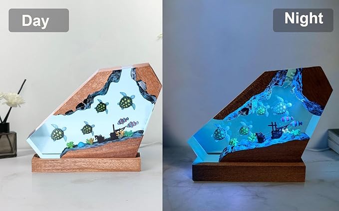 Sea Turtle Ocean Resin Lamp - Handmade Resin Night Light with USB Port, Variable Lights, Sea Turtle Gifts for Women and Men, Ocean Enthusiast Collectibles, Unique Birthday Gifts for Him & Her (8"x5")