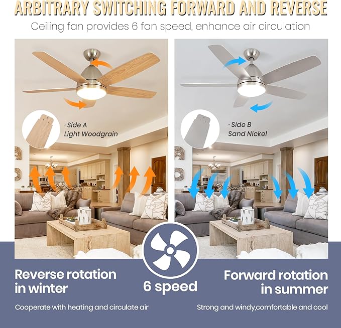 Smart Ceiling Fan with Light, Modern Nickel 52-Inch Outdoor Ceiling Fan and Remote/App, Dimmable Tri-Color LED and Reversible Motor for Indoor Bedroom/Outdoor Covered Patio - Aura Lighting