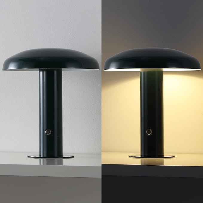 JONATHAN Y 11" Forest Green Rechargeable LED Mushroom Table Lamp, Cordless Portable Dimmable Mid-Century Modern Accent Lamp, with Metal Shade, Touch Sensor (JYL7114D)