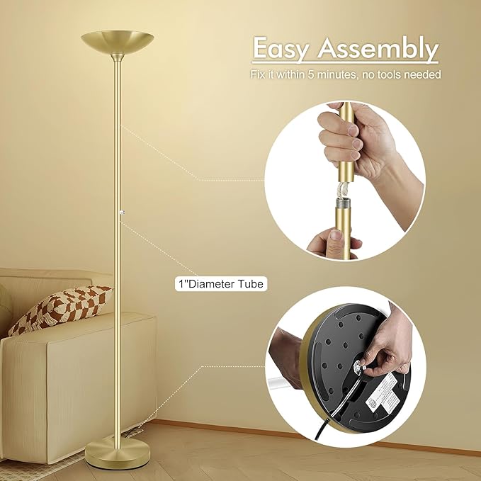 30W Torchiere Floor Lamp Gold, 3600LM Bright Stepless Dimmable Floor Lamp, 71 Inch LED Standing Lamp 3000K, Rotary Switch, I Inch Thick Pole, Tall Metal Torch Floor lamps for Living Room/Bedroom/Den - Aura Lighting