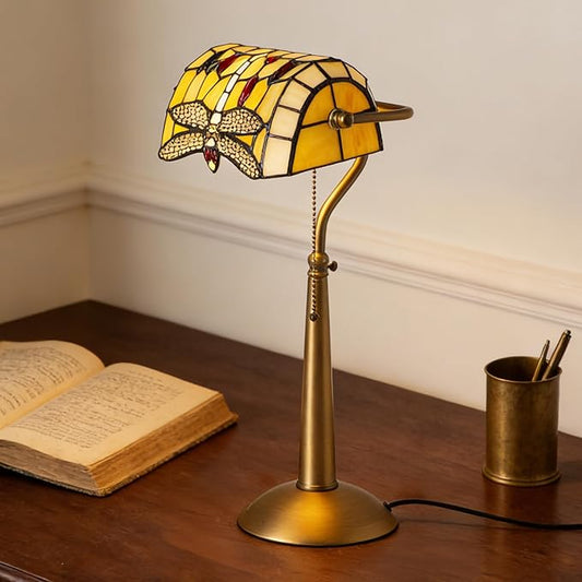 Tiffany Style Dragonfly Bankers Lamp - 18.1" Tall Stained Glass Desk Light with Adjustable Angle & Pull Chain, Vintage Handcrafted Accent Décor for Home Office Bedroom（Yellow）