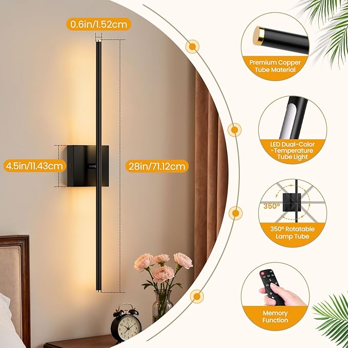 ZZXX Wall Sconce Set of 2, Wall Lights with Remote Control, Bathroom Wall Lamp for Living Room Bedroom Mirror Cabinet Porch Decor 100-240V 350°Horizontal Rotation 28 inch