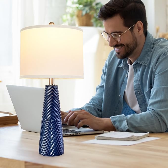 Terpsichore Nightstand Lamp Bedside Lamps Set of 2 Vintage Rustic Farmhouse Table Lamp 3 Way Dimmable Horizontal Stripe Light,for Living Room Bedroom,USB A+C (Blue, High 24 Inch)
