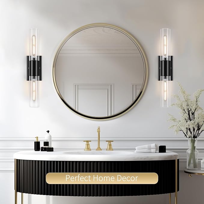 Bathroom Wall Sconces Set of Two Black , 21" Modern 2-Light Vanity Light Tube Wall Sconce, Clear Glass Indoor Hardwired Mounted Lamps for Living Room,Bedroom,Hallway-Black Clear (Bulb Not Included) - Aura Lighting