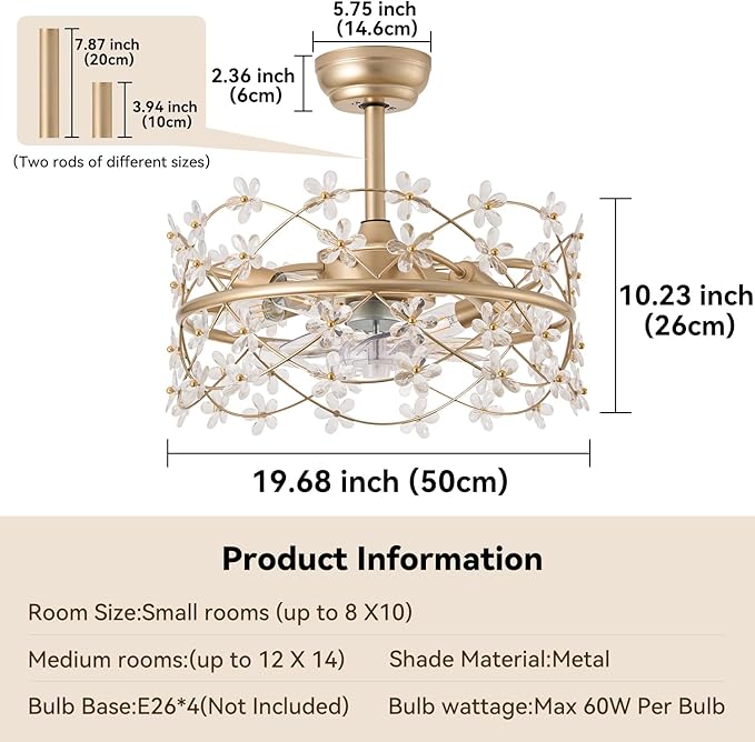 20 Inch Gold Caged Ceiling Fan with Light, Flower Chandelier Ceiling Fan with Lights Remote Control, Frower Crystal Fandelier 6 Speeds for Girl's Bedroom, Living Room