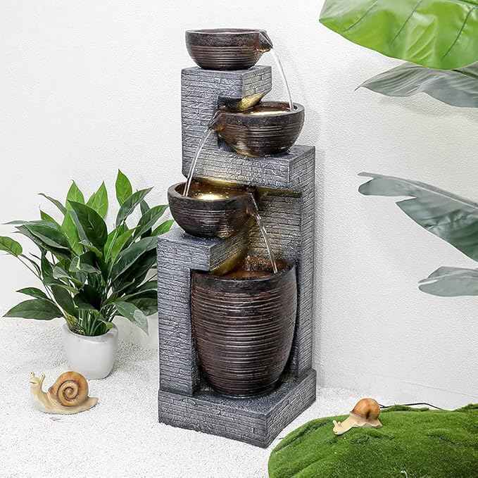 SunJet Indoor/Outdoor Cascading Water Fountain - 40.1inches Garden Fountains with Warm Lights, 4 Bowls Waterfall Feature for Home Deck, Patio, Porch, Yard Decor