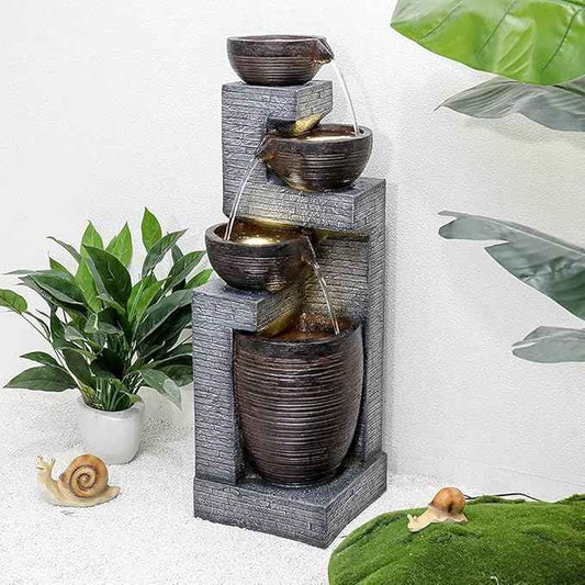 SunJet Indoor/Outdoor Cascading Water Fountain - 40.1inches Garden Fountains with Warm Lights, 4 Bowls Waterfall Feature for Home Deck, Patio, Porch, Yard Decor