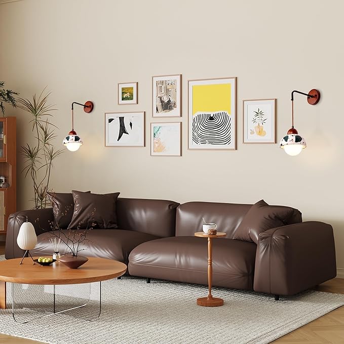 Mid Century Modern Hanging Wall Lamp, Wabi Sabi Terrazzo Wall Sconce, Handmade Natural Stone Wall Light Fixture, Adjustable Height, for Bedside Bedroom Living Room Hallway(A)