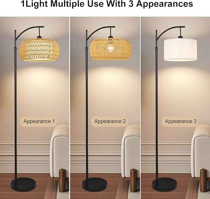 Arc Floor Lamps for Living Room Rattan Boho Floor Lamp with Remote Control,Dimmable LED Floor Lamp Wicker Lamp Shades Black Standing Lamp with 3 Color Temperature Tall Floor Lamps For Bedroom Corner