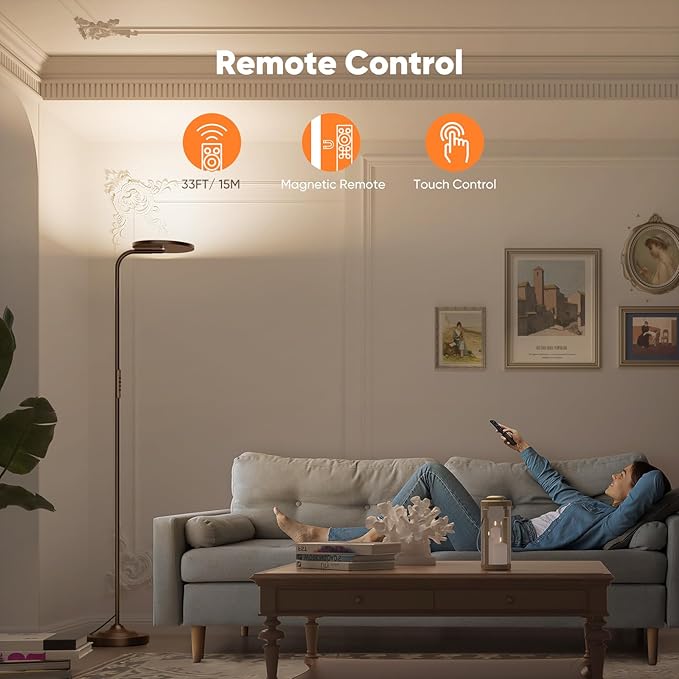 36W LED Floor Lamp, Super Bright Standing Lamp, Modern Stepless Dimmable Torchiere Tall Lamp with Remote Control, 350°Rotating Head Reading Floor Lamp for Living Room, Bedroom, Office - Brown - Aura Lighting