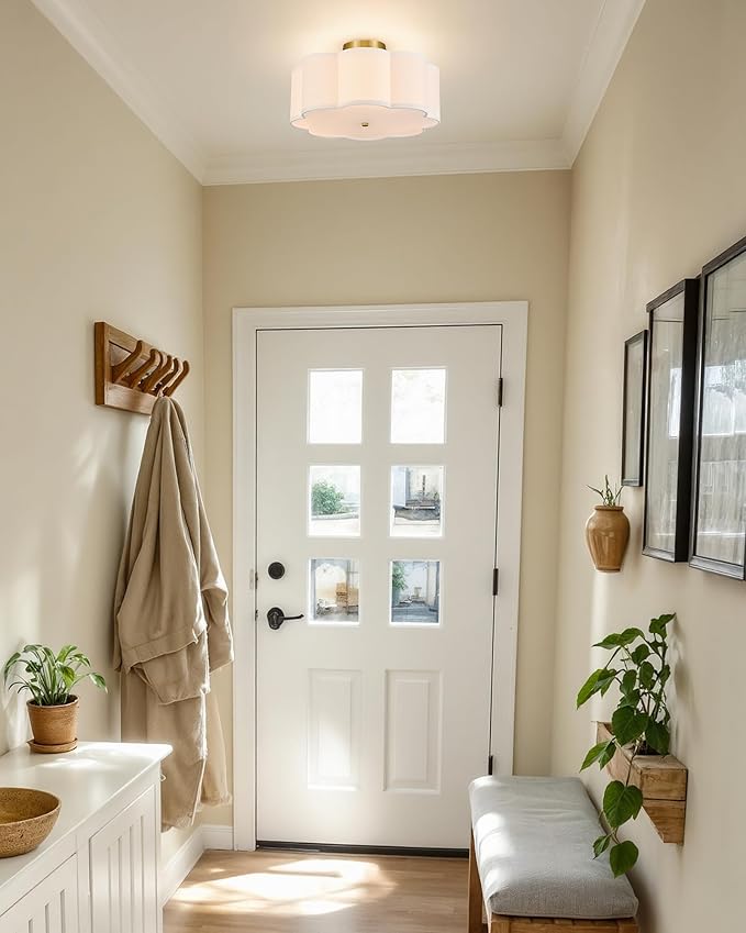 VONLUCE Semi-Flush Mount Ceiling Light, 15.7" Modern 3-Light Ceiling Light Fixture with White Petal-Shaped Shade 3 E26 Sockets for Bedroom Entryway Living Room, Gold Finish, ETL Certificated - Aura Lighting