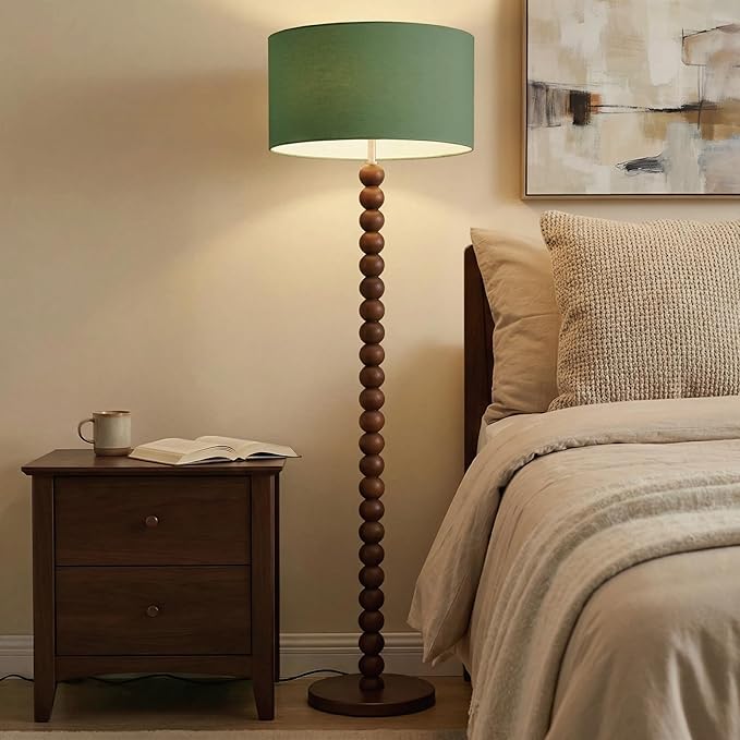 Buruis 61" Beaded Wood Floor Lamp with 17.2" Large Linen Shade, UL Listed, Retro Mid-Century Accent Walnut Finish Standing Lamp for Living Room, Bedroom, Office, Corner, Bulb Not Included, Green