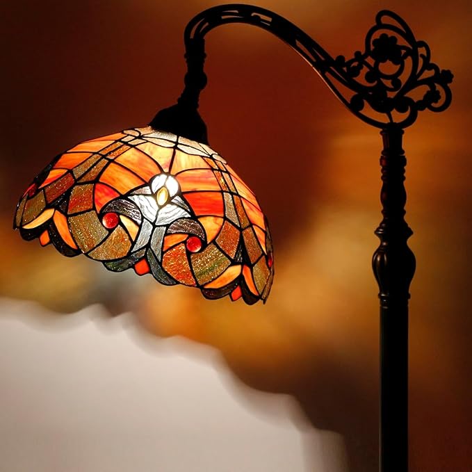 Tiffany Lamp Shade Replacement 12X6 Inch Stained Glass Lampshade Only 1-5/8-Inch Fitter Opening for Arched Floor Lamp, Torchiere Lamp, Pendant Light (Red)
