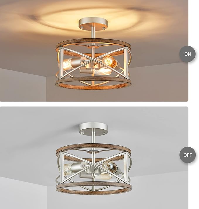 WUZUPS Chandelier 3-Light Vintage Farmhouse Industrial Imitation Wood Grain Semi-Flush Mount Ceiling Light Lighting Fixture for Foyer Hallway Storage Room Kitchen Bathroom, H 9.4" W 12", Nickel