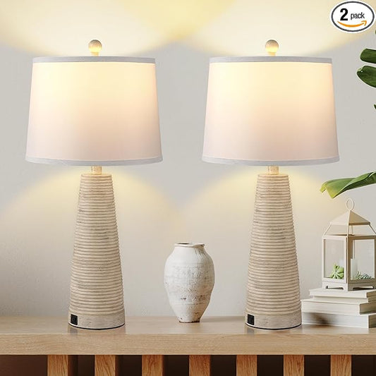 Terpsichore Nightstand Lamp Bedside Lamps Set of 2 Vintage Rustic Farmhouse Table Lamp 3 Way Dimmable Horizontal Stripe Light,for Living Room Bedroom,USB A+C (Pale Yellow, Hing 27 in)