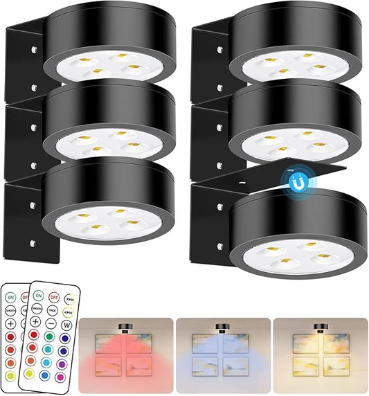 Wireless Battery Operated Painting with Remote Control,13 Color RGB Magnetic Led Art Display Light for Picture Frame, Dimmable and Timer, Wall Decor Display Light 6Pack Black